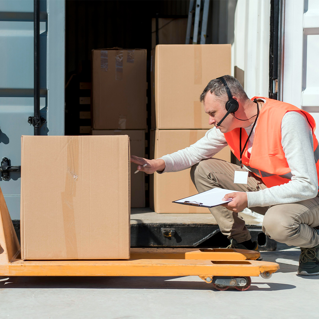 Worker inspecting cargo boxes for air freight in Dubai