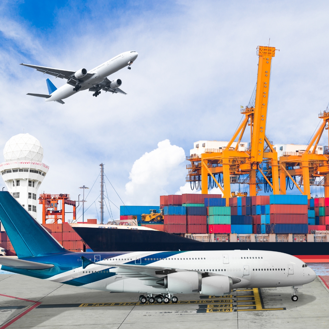 Airplane flying over a shipping port with containers and cranes, representing options for international movers in Dubai