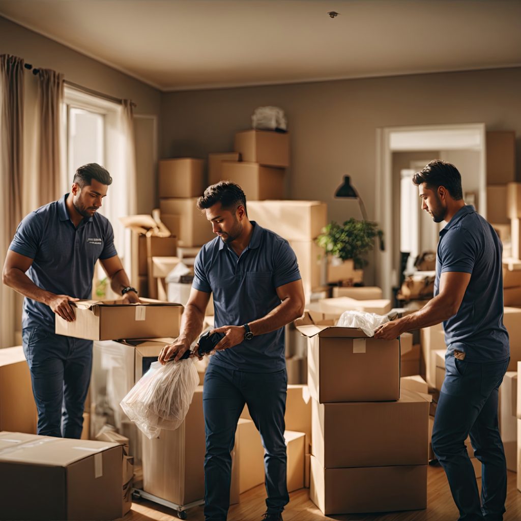 Three professional movers and packers in Dubai are efficiently packing and organizing boxes, reflecting a professional and streamlined moving process.