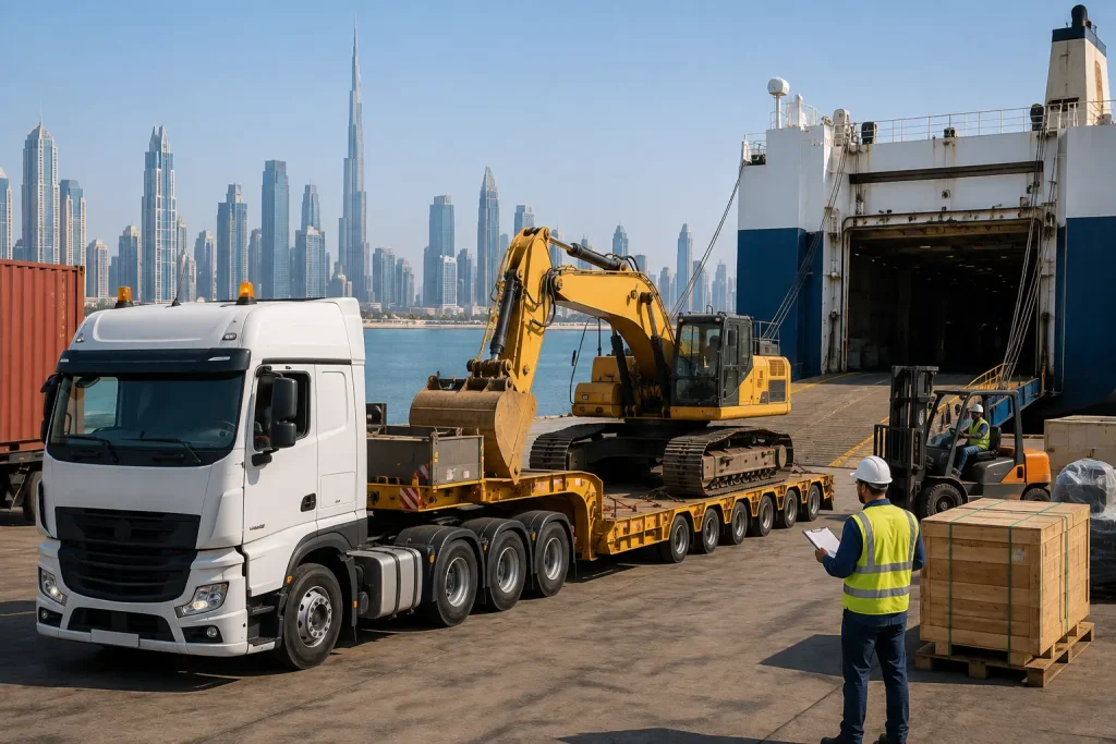 Heavy excavator loaded on a low-bed trailer for cargo transport from Dubai to Qatar