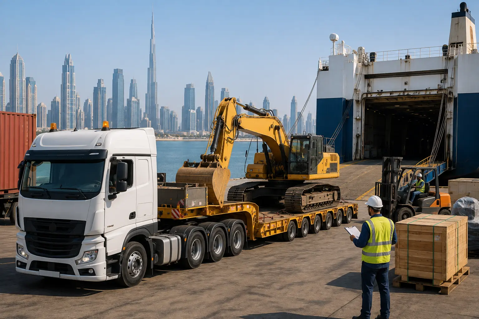 Heavy excavator loaded on a low-bed trailer for cargo transport from Dubai to Qatar