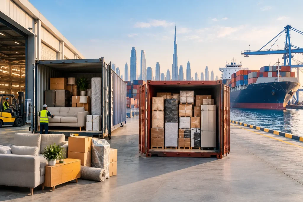 FCL and groupage shipping with household goods at a Dubai port.