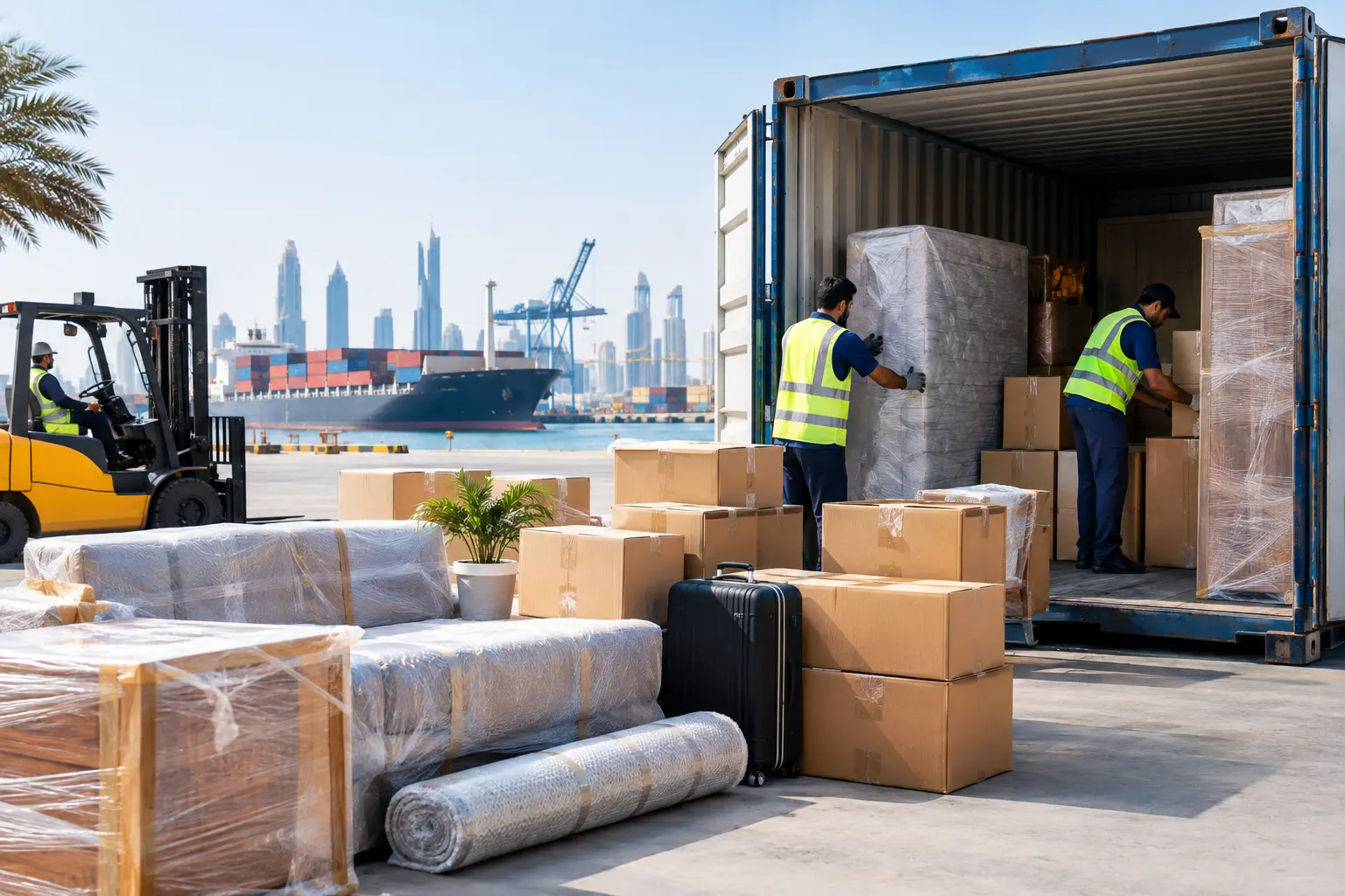 Household goods prepared for cargo shipment from Sharjah to India