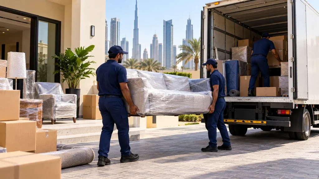Professional movers and packers in Dubai loading wrapped furniture into a moving truck.