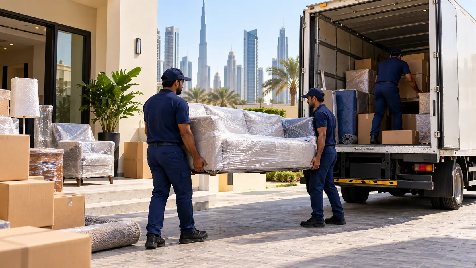 Professional movers and packers in Dubai loading wrapped furniture into a moving truck.