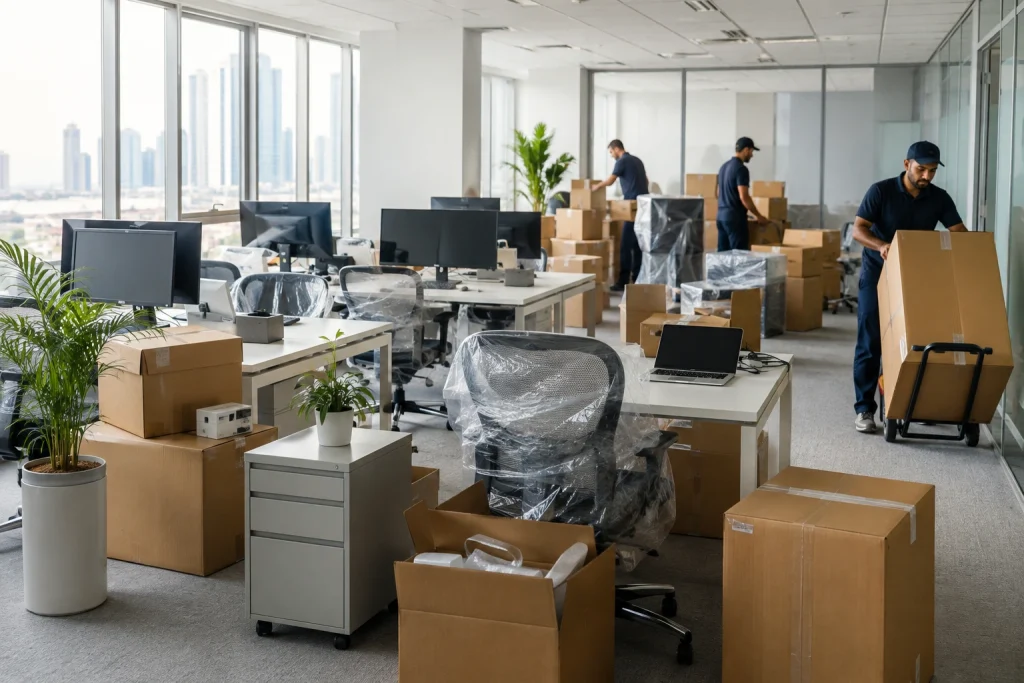 Office movers packing furniture and equipment during a weekend office relocation in Dubai.