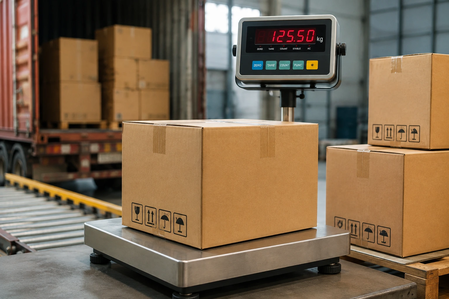 Digital weighing scale showing the weight of a packed cargo box in a warehouse.