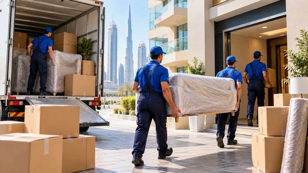 Professional movers transporting wrapped furniture and packed boxes during a residential relocation in Dubai.
