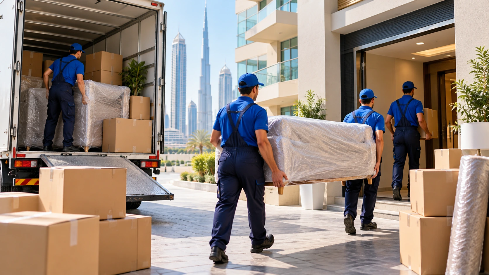Professional movers transporting wrapped furniture and packed boxes during a residential relocation in Dubai.